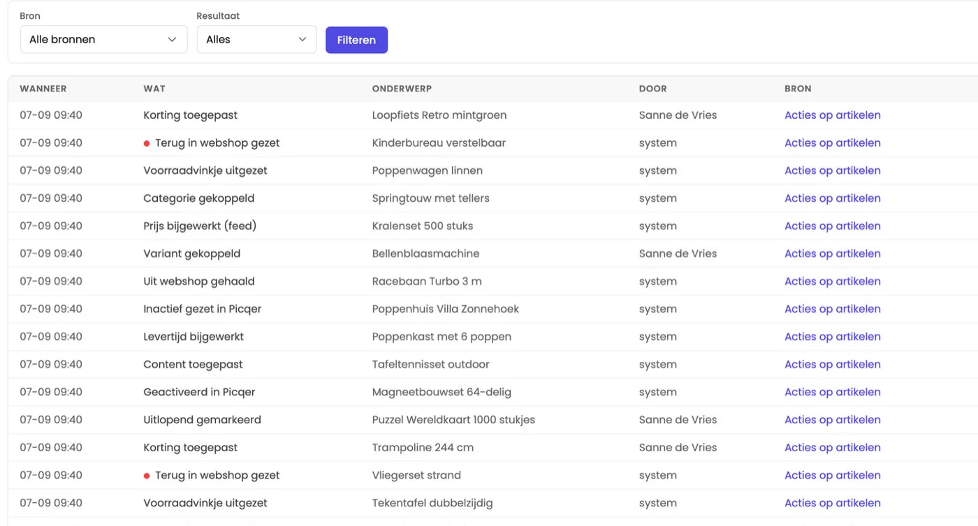 De activiteit-log van KM Service: per regel wanneer, wat er gebeurde (zoals korting toegepast, terug in webshop gezet of prijs bijgewerkt), het artikel, wie het deed en de bron.