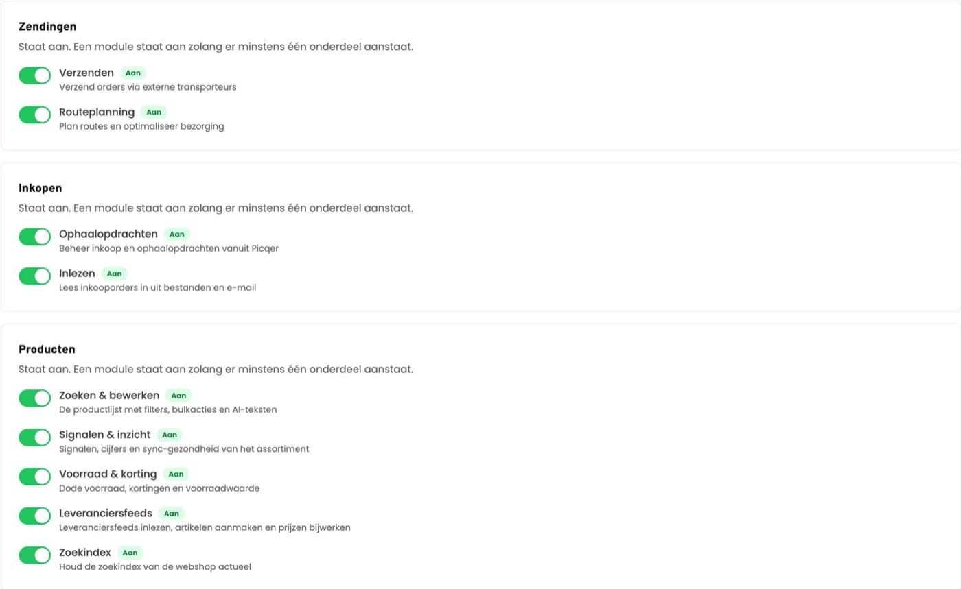 De module-instellingen van KM Service: per onderdeel een schakelaar, zoals verzenden, routeplanning, ophaalopdrachten, inlezen, leveranciersfeeds, zoekindex en backorders.