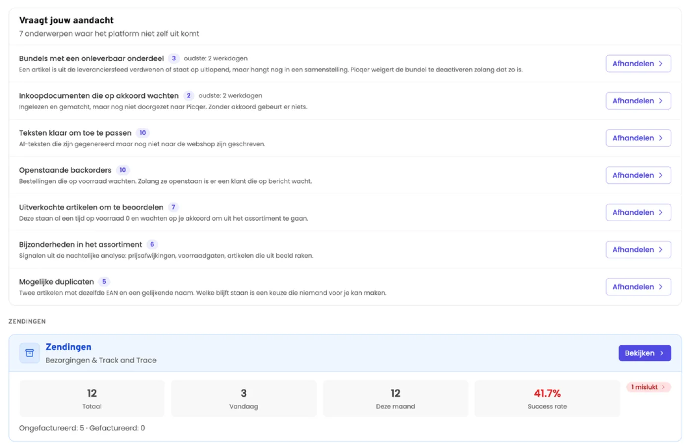 Het dashboard van KM Service: de werkbak met zeven onderwerpen die aandacht vragen, zoals bundels met een onleverbaar onderdeel, inkoopdocumenten die op akkoord wachten en openstaande backorders, met daaronder de zendingen van deze maand.